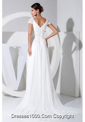 Beaded Cap Sleeves Sweetheart Long Wedding Dresses in White