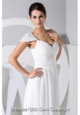 Beaded Cap Sleeves Sweetheart Long Wedding Dresses in White