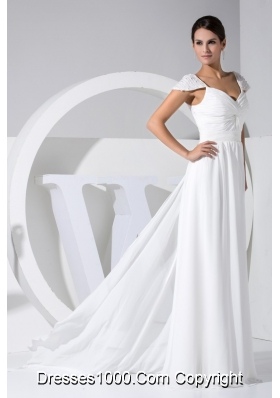 Beaded Cap Sleeves Sweetheart Long Wedding Dresses in White