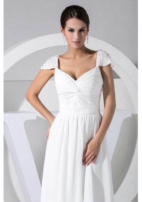 Beaded Cap Sleeves Sweetheart Long Wedding Dresses in White