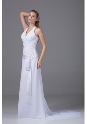 Column Halter Ruching and Appliques Wedding Dress with Chiffon