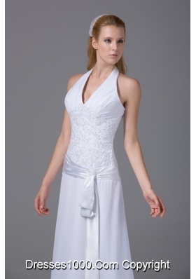 Column Halter Ruching and Appliques Wedding Dress with Chiffon