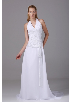 Column Halter Ruching and Appliques Wedding Dress with Chiffon