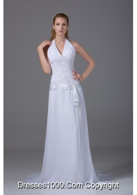 Column Halter Ruching and Appliques Wedding Dress with Chiffon