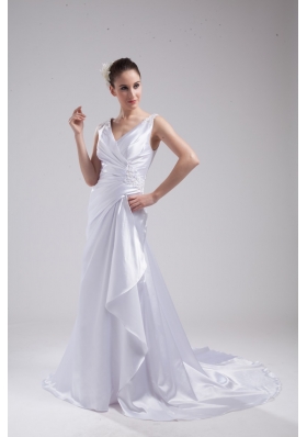 Column V-neck Ruching and Appliques Bridal Dress in 2013