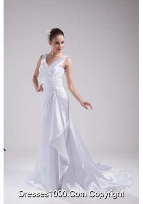 Column V-neck Ruching and Appliques Bridal Dress in 2013