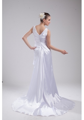 Column V-neck Ruching and Appliques Bridal Dress in 2013