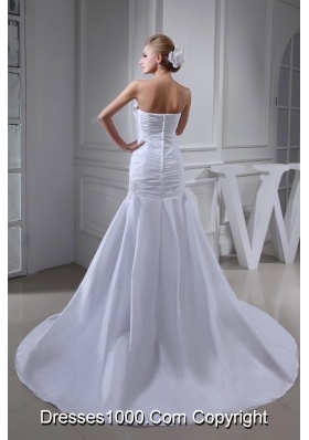 Court Train Strapless Ruched White Wedding Dress with Beading