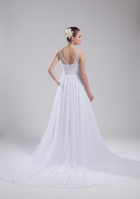 Empire V-neck Ruching and Appliques Chiffon Wedding Dress for Cheap