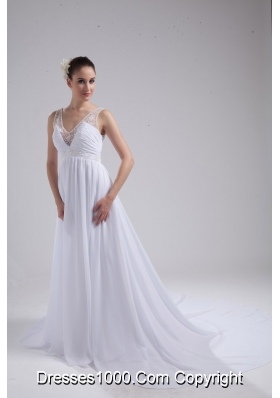 Empire V-neck Ruching and Appliques Chiffon Wedding Dress for Cheap