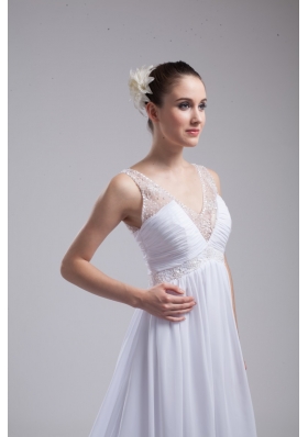 Empire V-neck Ruching and Appliques Chiffon Wedding Dress for Cheap