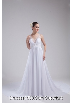 Empire V-neck Ruching and Appliques Chiffon Wedding Dress for Cheap