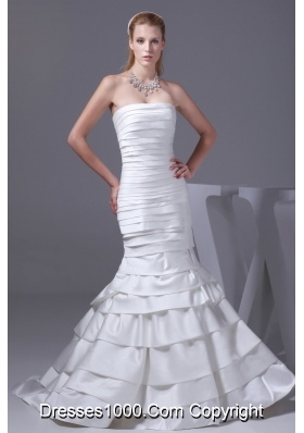 Mermaid Strapless Court Train Satin Wedding Dress with Ruffled Layers