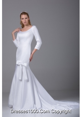 Modest Scoop Long Sleeves 2013 Wedding Gown with Bowknot