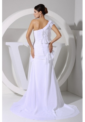 Ruffles and High Slit One Shoulder White Wedding Gowns with Brush Train