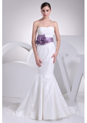 2013 Strapless Purple Sashes Mermaid Bridal Gown with Lace