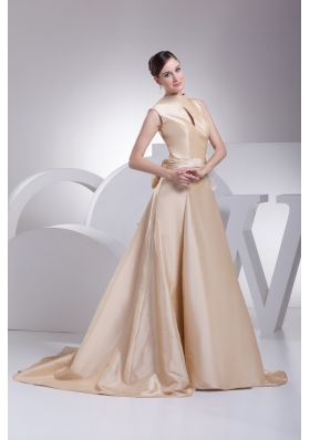 A-line Champagne Beaute Bow Wedding Gowns with Ruching for Cheap