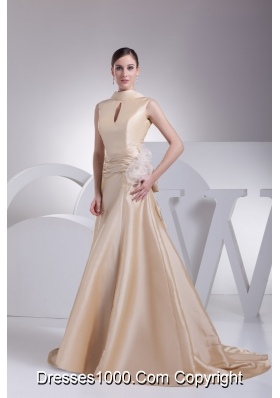 A-line Champagne Beaute Bow Wedding Gowns with Ruching for Cheap