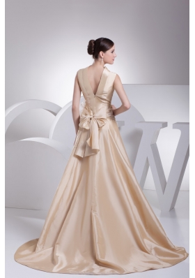 A-line Champagne Beaute Bow Wedding Gowns with Ruching for Cheap