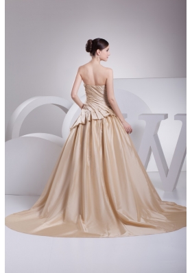 A-line Champagne Beaute Bow Wedding Gowns with Ruching for Cheap