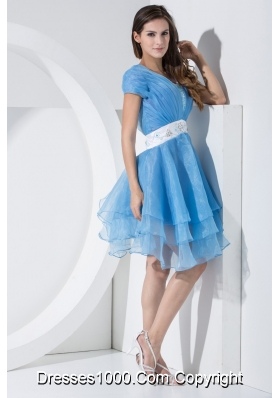 Beadings and Sash Decorated Short Sleeves U-neck Tiers Prom Dress