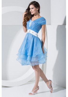 Beadings and Sash Decorated Short Sleeves U-neck Tiers Prom Dress