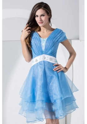 Beadings and Sash Decorated Short Sleeves U-neck Tiers Prom Dress