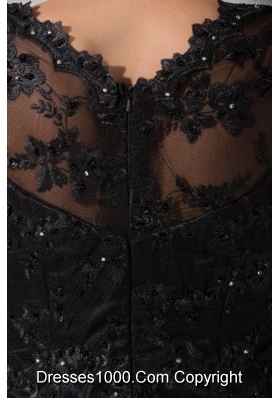 Black Lace Flowers Cap Sleeves Scoop Prom Dresses with Sweep Train