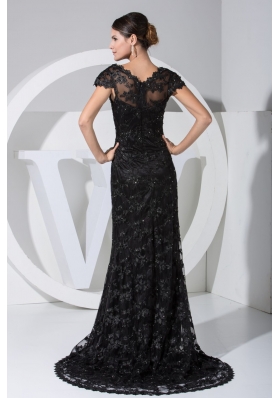 Black Lace Flowers Cap Sleeves Scoop Prom Dresses with Sweep Train