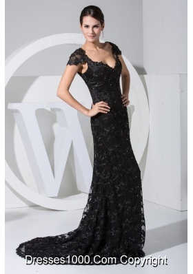 Black Lace Flowers Cap Sleeves Scoop Prom Dresses with Sweep Train