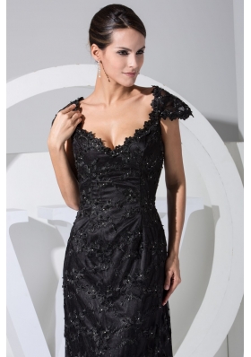 Black Lace Flowers Cap Sleeves Scoop Prom Dresses with Sweep Train