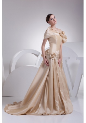 Champagne A-line Asymmetrical Hand Made Flowers Bridal Gown with Ruching