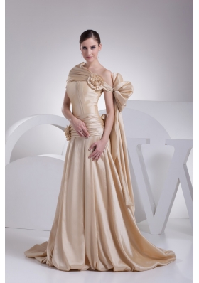 Champagne A-line Asymmetrical Hand Made Flowers Bridal Gown with Ruching