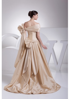 Champagne A-line Asymmetrical Hand Made Flowers Bridal Gown with Ruching