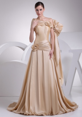 Champagne A-line Asymmetrical Hand Made Flowers Bridal Gown with Ruching