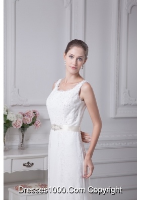 Column Scoop Belt Beading Court Train Chiffon Wedding Gowns