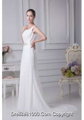 Column Scoop Belt Beading Court Train Chiffon Wedding Gowns