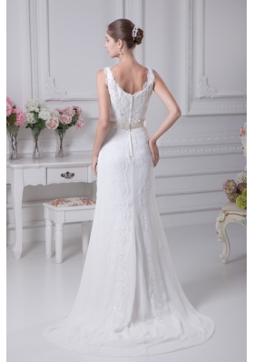 Column Scoop Belt Beading Court Train Chiffon Wedding Gowns