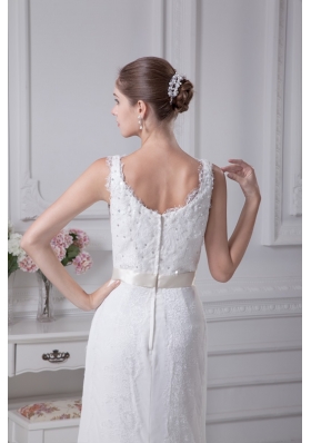 Column Scoop Belt Beading Court Train Chiffon Wedding Gowns