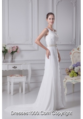 Column Scoop Belt Beading Court Train Chiffon Wedding Gowns