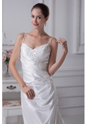 Coumn Spaghetti Straps Appliques Bridal Dress with Ruching