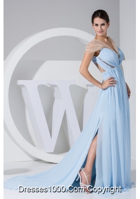 Designer V-neck Side Slit Prom Dress with Transparent Fabric