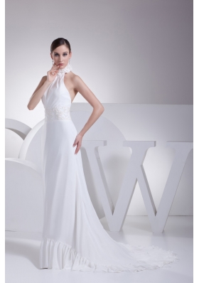 Discount Halter Chiffon Wedding Dress with Appliques and Hand Made Flowers