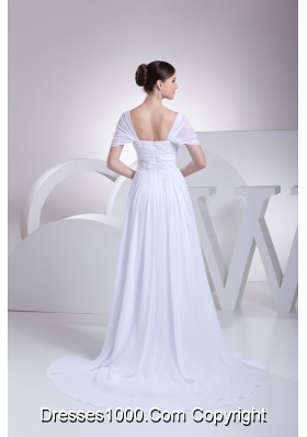 Empire Square Short Sleeves Wedding Dresses with Appliques and Ruching