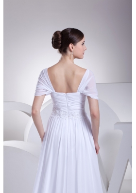 Empire Square Short Sleeves Wedding Dresses with Appliques and Ruching