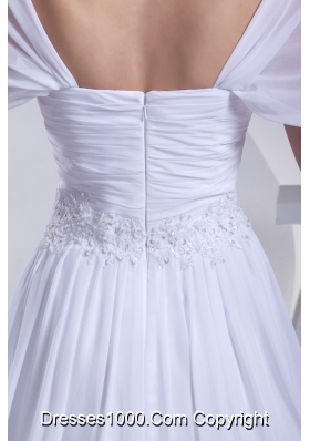 Empire Square Short Sleeves Wedding Dresses with Appliques and Ruching