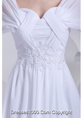 Empire Square Short Sleeves Wedding Dresses with Appliques and Ruching