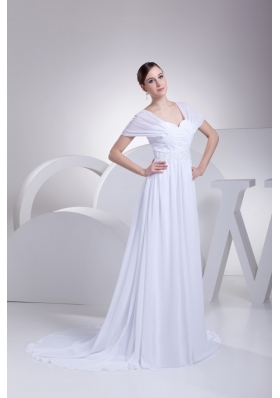 Empire Square Short Sleeves Wedding Dresses with Appliques and Ruching