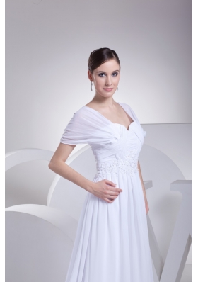 Empire Square Short Sleeves Wedding Dresses with Appliques and Ruching