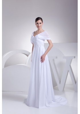 Empire Square Short Sleeves Wedding Dresses with Appliques and Ruching